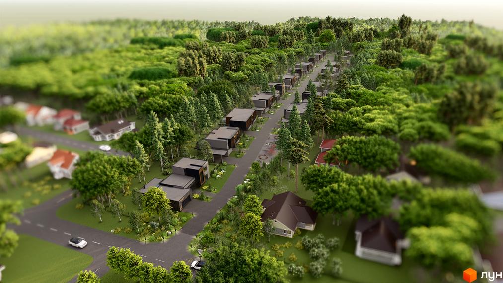 Вид на котеджне містечко Forest з висоти пташиного польоту. Будинки з темними дахами та фасадами розташовані серед дерев та зелені.