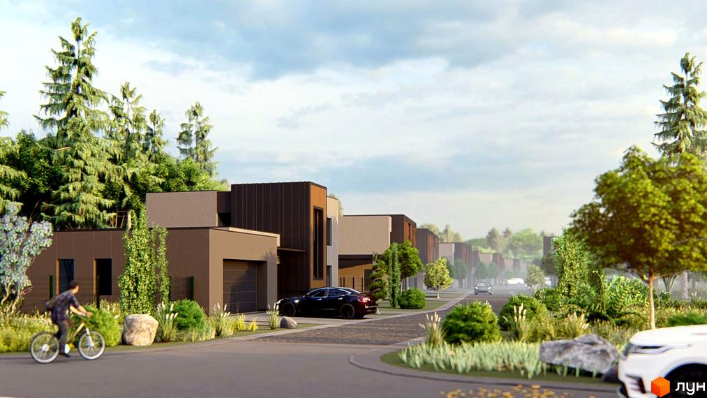 Котеджне містечко Северинівка Forest. Сучасні будинки з коричневим фасадом та великими вікнами, оточені зеленню та деревами.