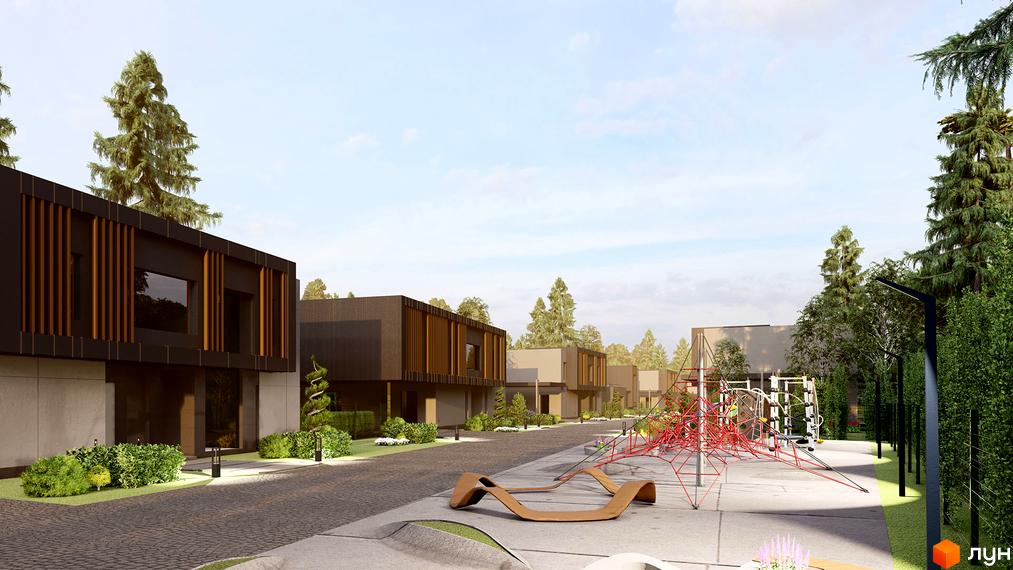 Котеджне містечко Северинівка Forest з сучасними будинками та дитячим майданчиком. Зовнішній вигляд будинків та прибудинкова територія.