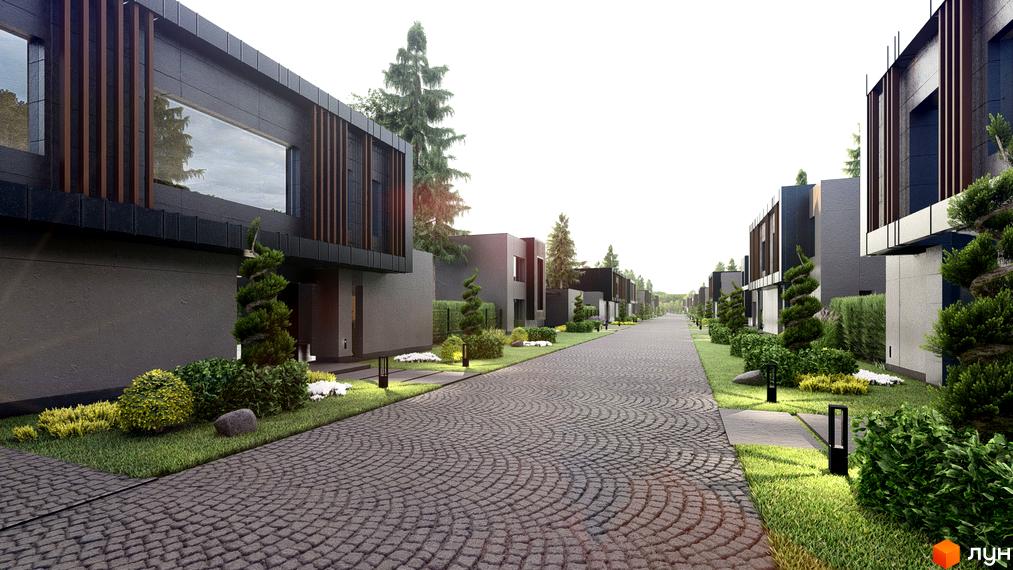 Житловий комплекс Северинівка Forest: будинки з темним фасадом та великими вікнами, вимощена бруківкою дорога, зелені насадження та декоративні дерева.