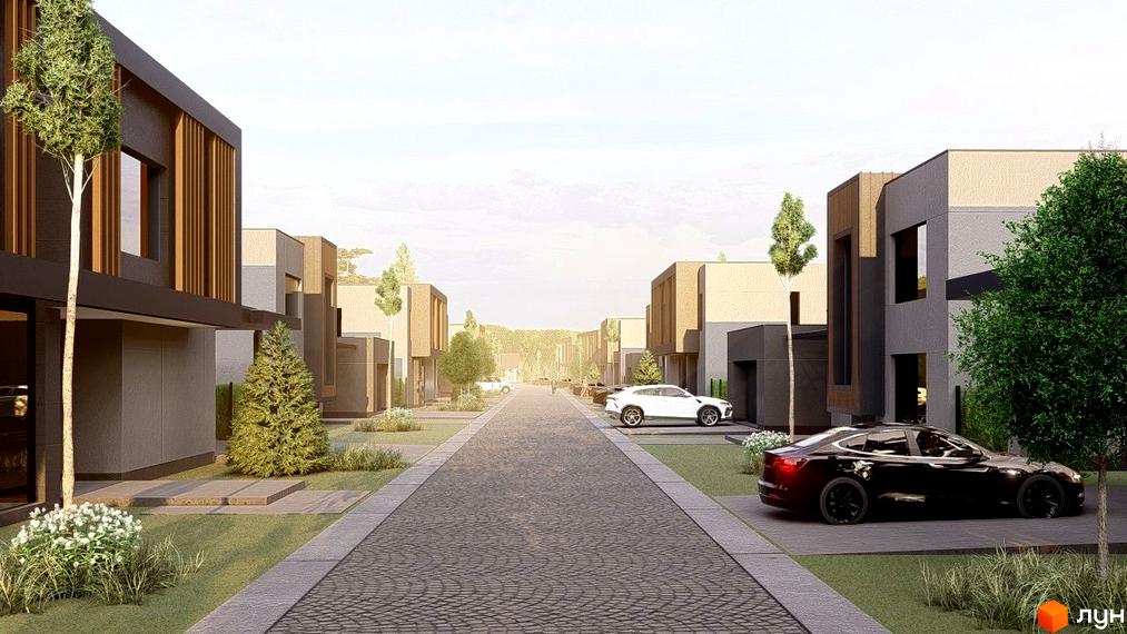 Котеджне містечко Северинівка Forest: сучасні будинки з сірими та бежевими фасадами, доглянута прибудинкова територія з деревами та бруківкою.