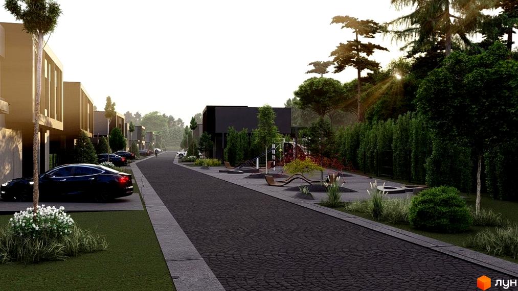 Котеджне містечко Северинівка Forest: сучасні будинки з паркуванням, дорогою з бруківки та дитячим майданчиком.