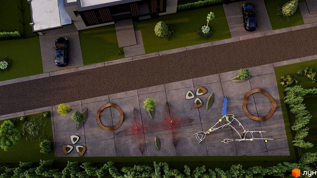 Вид зверху на Котеджне містечко Северинівка Forest. На зображенні видно будівлі з темними фасадами, зелені газони та дитячий майданчик.