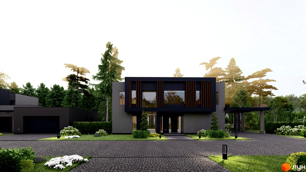 Двоповерховий будинок з темним фасадом та дерев'яними вставками. Перед будинком брукована дорога, газон з квітами та декоративними рослинами. КМ Северинівка Forest.