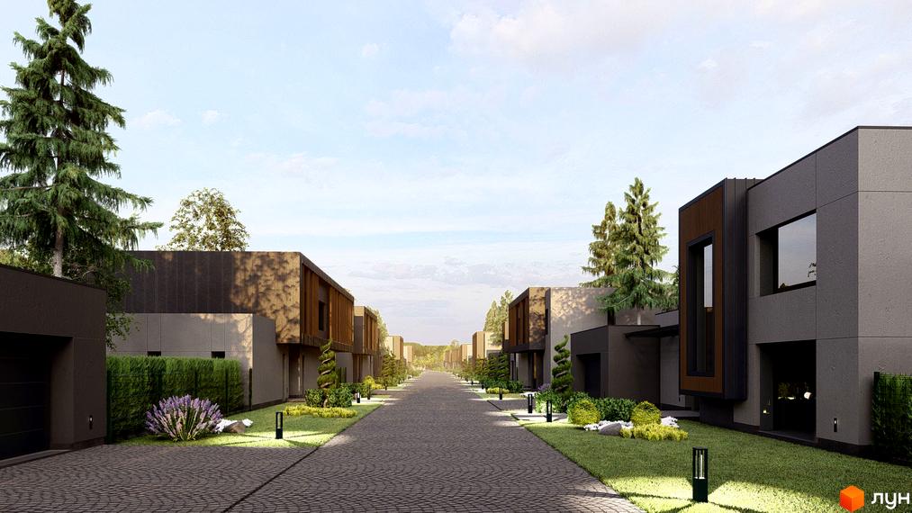 Котеджне містечко Forest: будинки з темним фасадом та панорамними вікнами, доглянута прибудинкова територія з газоном та декоративними рослинами.