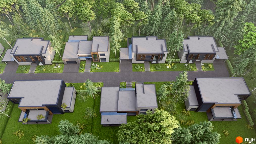 Вид зверху на котеджне містечко Forest в Северинівці. Малоповерхові будинки з плоскими дахами, великими вікнами та терасами, розташовані серед зелені.