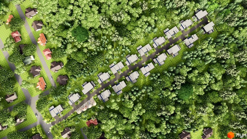 Котеджне містечко Северинівка Forest - вид зверху на будиночки з сірими дахами та зелені дерева. Територія комплексу з доглянутими газонами та доріжками.