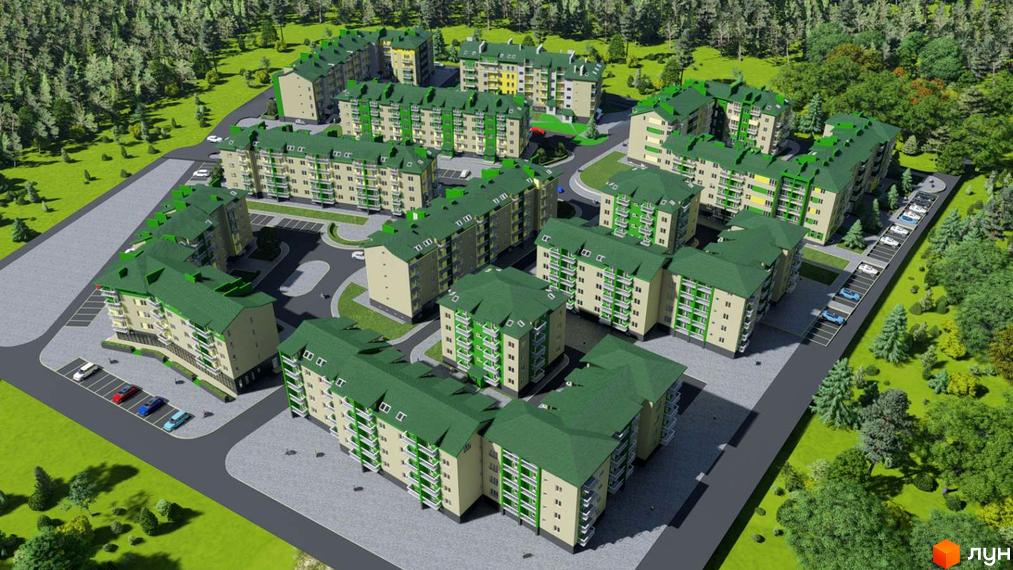 Житловий комплекс Південний: вид зверху на багатоповерхові будинки зі світлими фасадами, зеленими дахами та прибудинковою територією, оточеною лісом.