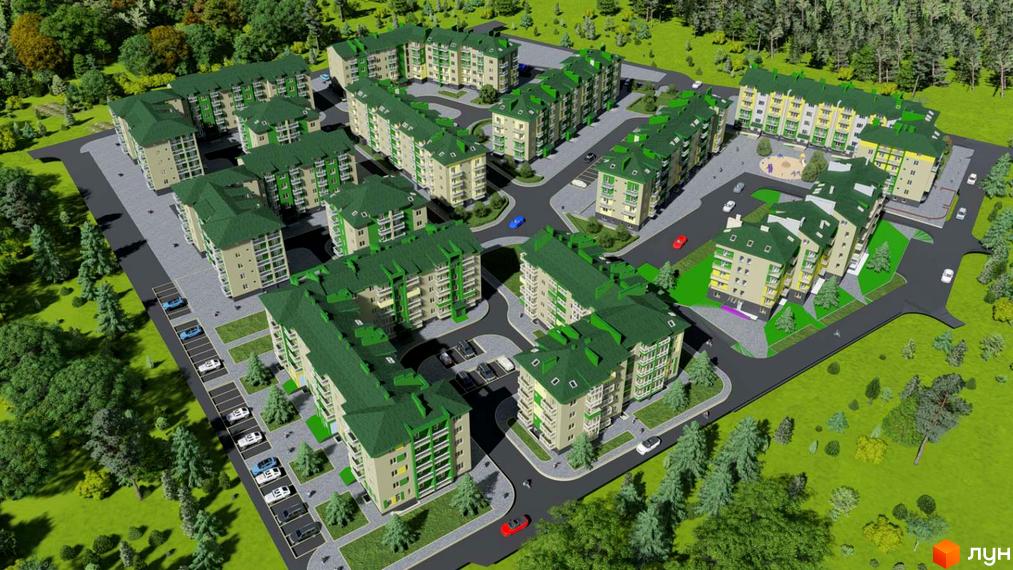 Житловий комплекс Південний: світлі будинки з зеленими дахами, оточені дорогами, парковками та зеленими зонами з дитячим майданчиком.