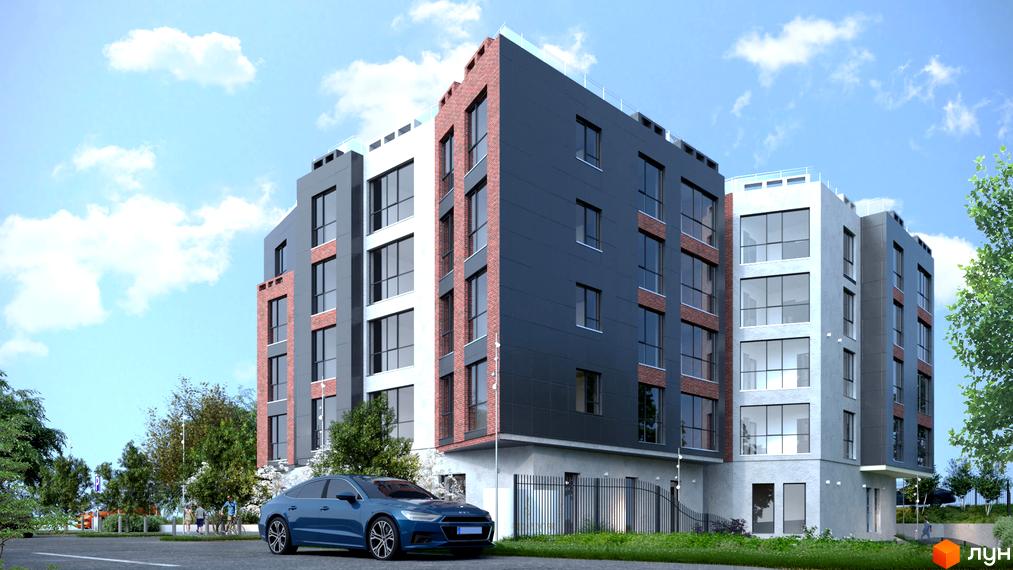 Зображення фасаду та прибудинкової території Житлового комплексу Ярославенка. Багатоповерховий будинок з великими вікнами та синім автомобілем на передньому плані.