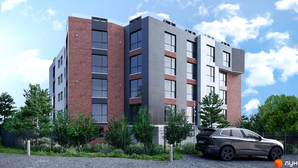 Зображення Житлового комплексу Ярославенка: багатоповерховий будинок з червоної цегли та сірими панелями, огороджений парканом, поруч зелені насадження та авто.