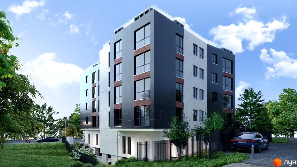 Зображення Житлового комплексу Ярославенка: багатоповерховий будинок з темним фасадом та великими вікнами, зелена прибудинкова територія з деревами та автомобілями.