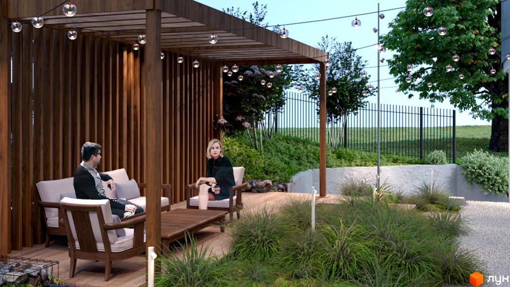 Зображення території Житлового комплексу Ярославенка. Дерев'яна альтанка з меблями для відпочинку та ландшафтний дизайн з декоративними рослинами.