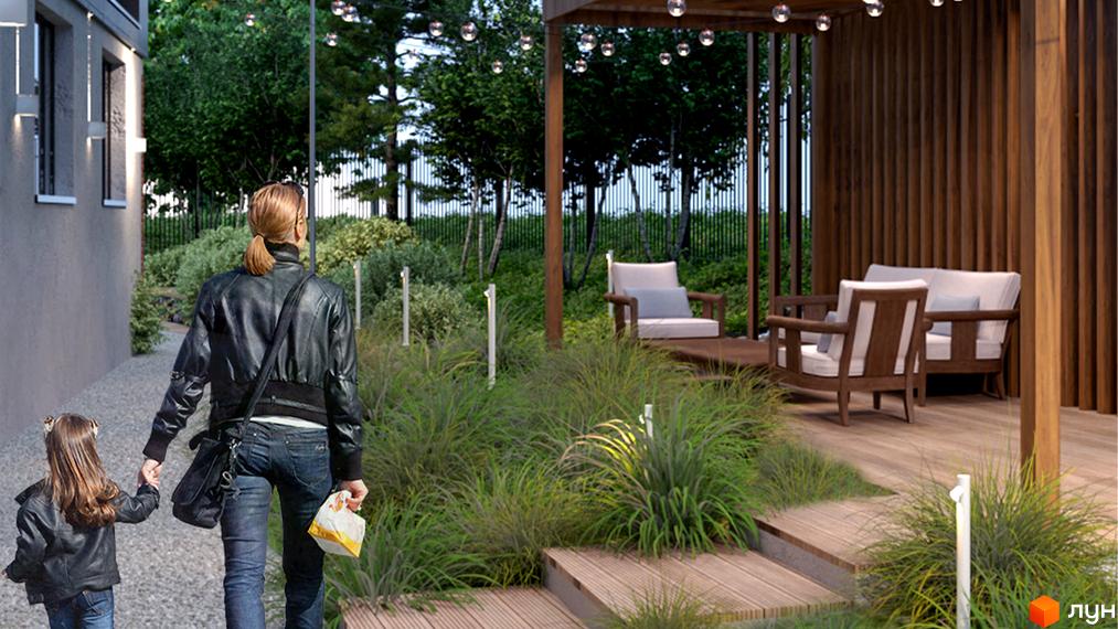 Житловий комплекс Ярославенка: вигляд будинку з прибудинковою територією. На території є зелені насадження та місця для відпочинку.