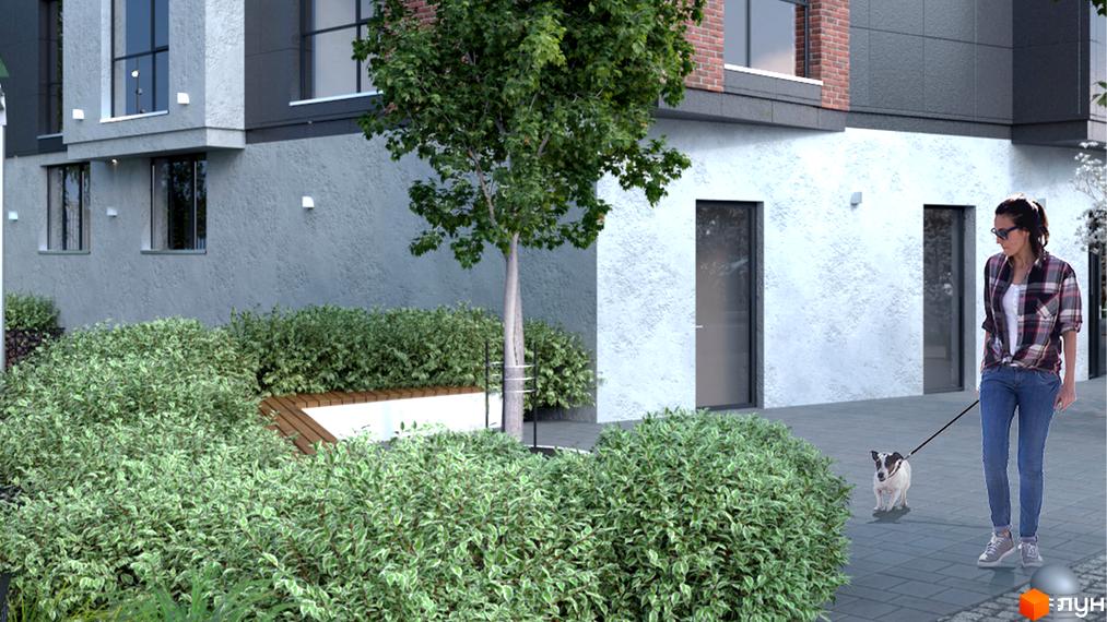 Зображення фасаду та подвір'я Новобудови Ярославенка. На фото видно будинок з великими вікнами та дівчину з собакою на прогулянці.