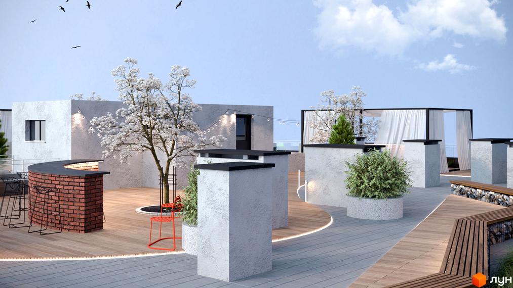 Зображення тераси на даху Житлового комплексу Ярославенка. На фото барна стійка з цегли, дерева з білими квітами та місця для відпочинку.