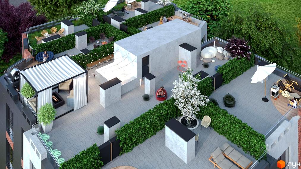 Зображення даху Житлового комплексу Ярославенка з зонами відпочинку, озелененням та меблями. Вид зверху на терасу з рослинами та місцями для відпочинку.