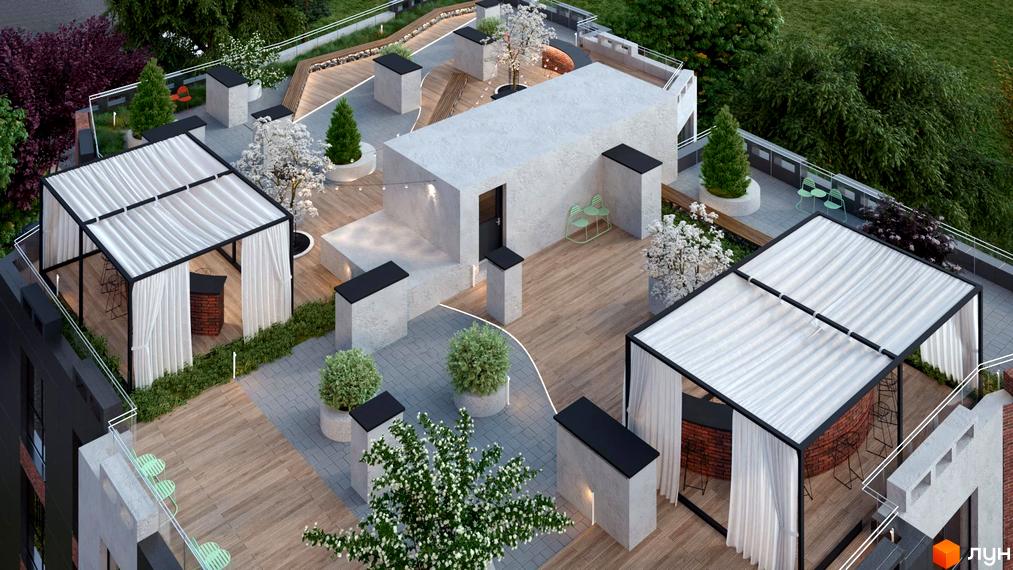 Вигляд зверху на дах Житлового комплексу Ярославенка з зонами відпочинку, альтанками та озелененням. Дерев'яне та плиточне покриття.