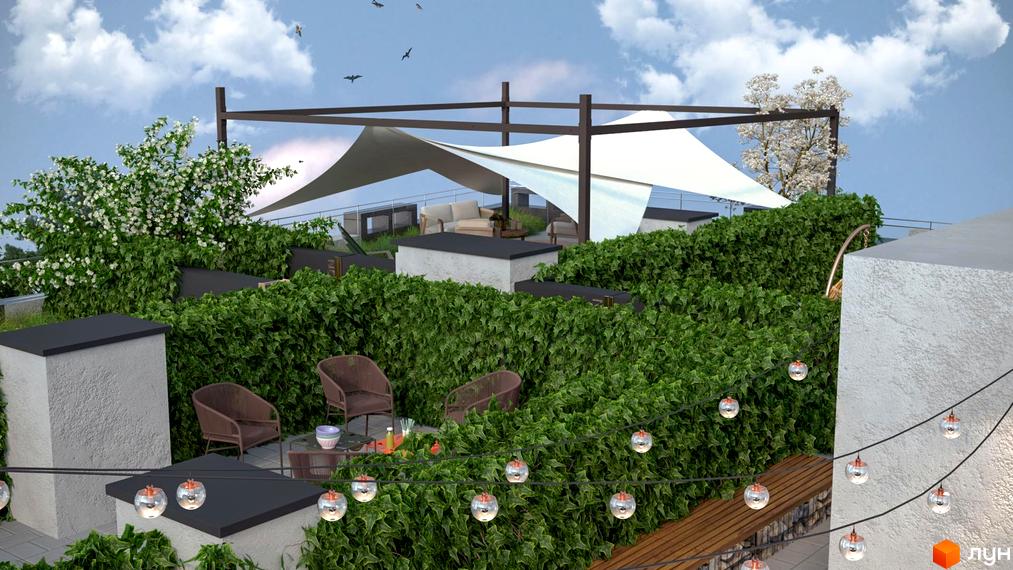 Зображення тераси на даху Житлового комплексу Ярославенка з зеленими насадженнями та місцями для відпочинку. Вигляд будинку з прибудинковою територією.
