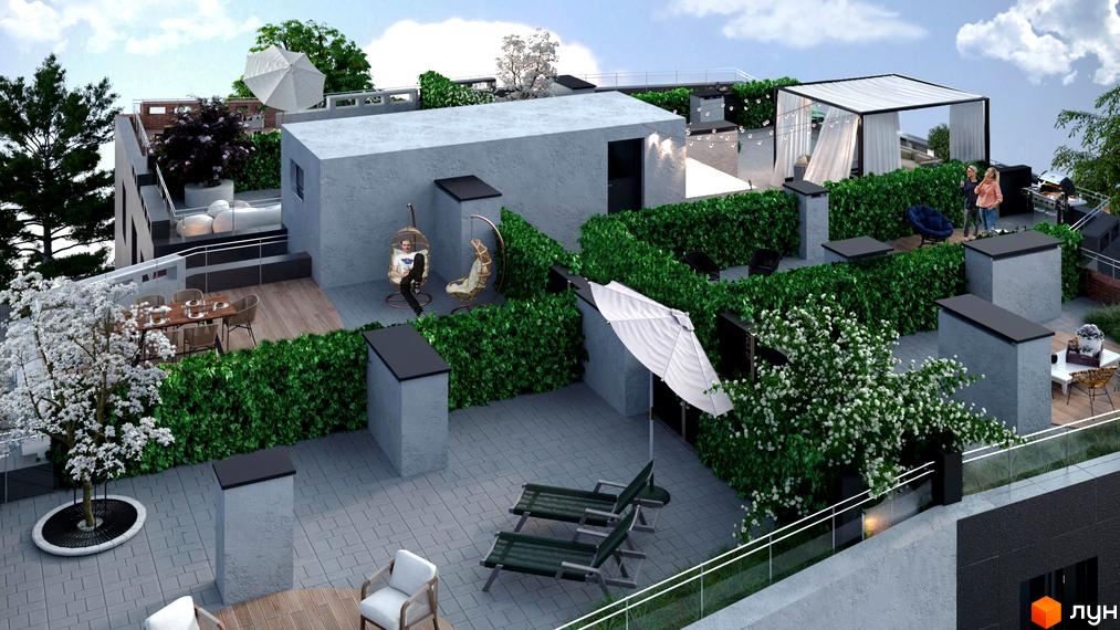 Зображення тераси на даху Житлового комплексу Ярославенка. Вид зверху на зелену зону з місцями для відпочинку та обідньою зоною.