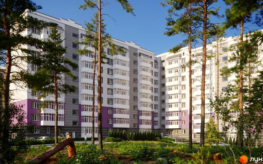 Зовнішній вигляд житлового комплексу на Михайла Гориня, 4, з багатоповерховими будинками та прибудинковою територією з деревами та зеленню. Новобудова з білими та сірими фасадами, доповненими фіолетовими акцентами.