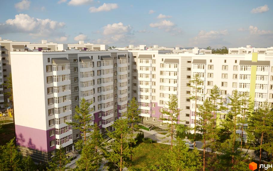 Зовнішній вигляд житлового комплексу на Михайла Гориня, 4, з багатоповерховими будинками та прибудинковою територією з деревами. Новобудова з сірими та білими фасадами та фіолетовими акцентами.