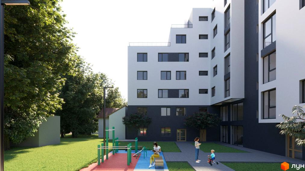 Житловий комплекс Повітряна HALL: будинок з білим та темно-сірим ступінчастим фасадом. Навколо зелений газон та спортивний майданчик.