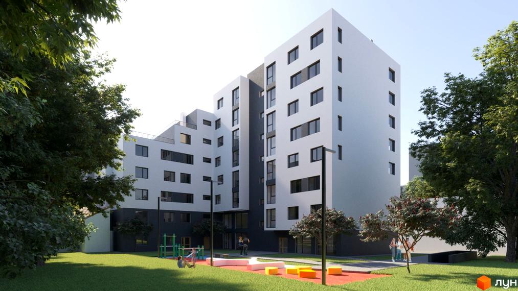 Житловий комплекс Повітряна HALL – це сучасна новобудова з білими фасадами та темними вікнами, розташована на доглянутій прибудинковій території з зеленим газоном та дитячим майданчиком.