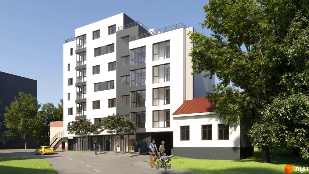 Житловий комплекс Повітряна HALL: біло-сірий багатоповерховий будинок з великими вікнами. На прибудинковій території є зелені насадження та дорога.