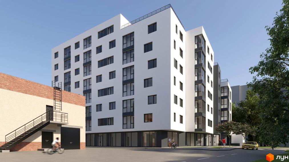 Зовнішній вигляд новобудови ЖК Повітряна HALL з цегляною прибудинковою будівлею та сходовим маршем. Навколо комплексу зелені дерева та дорога.