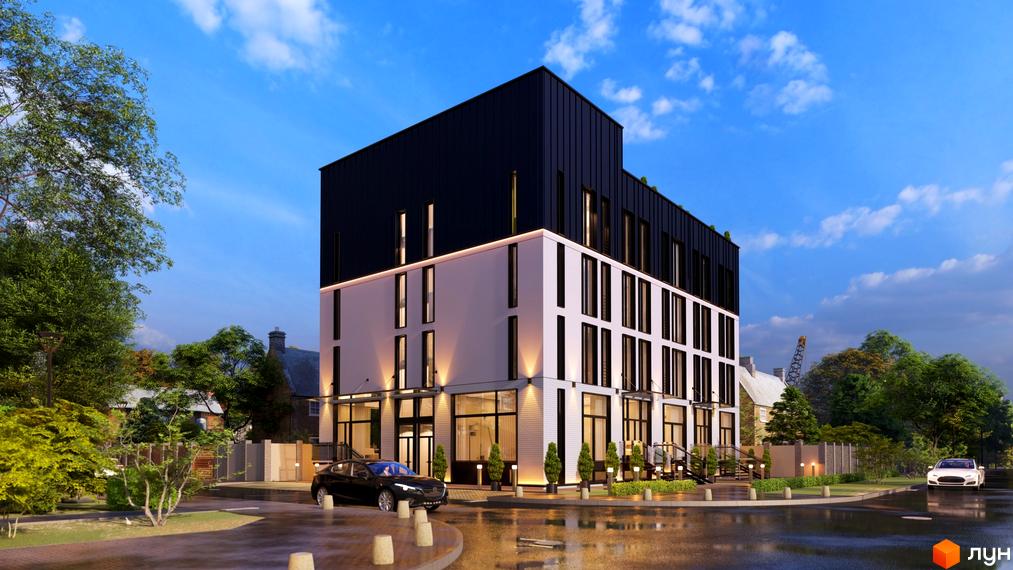 Зображення клубного будинку A Nova House. Багатоповерхова будівля з панорамними вікнами та чорним дахом. На території є дерева, газон та дорога з автомобілями.