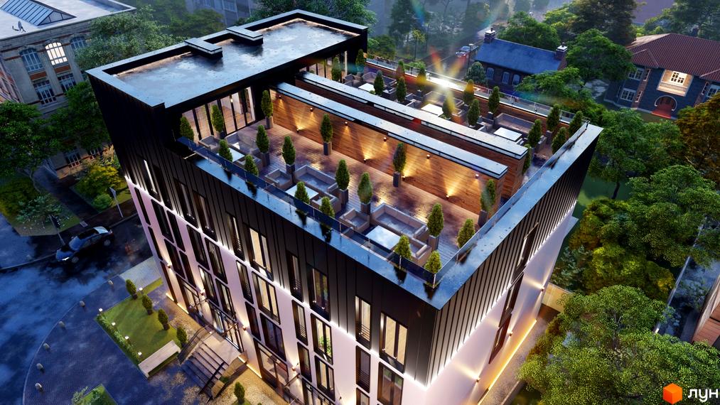 Клубний будинок A Nova House з терасою та зонами відпочинку. Навколо будинку зелена прибудинкова територія з деревами та лавкою.