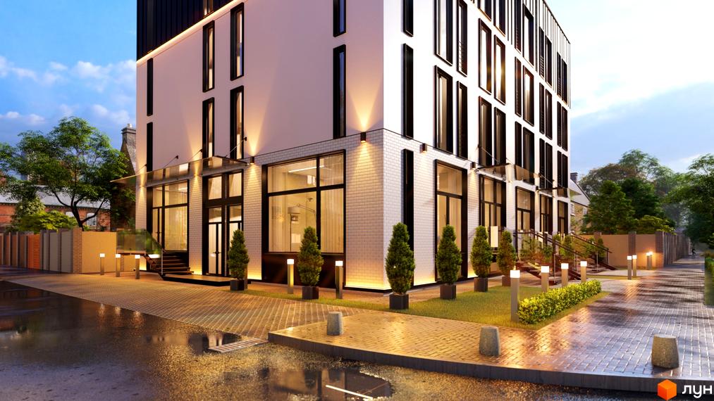 Клубний будинок A Nova House з білою цегляною обробкою та великими вікнами, освітлений ліхтарями, з доглянутою прибудинковою територією та бруківкою.