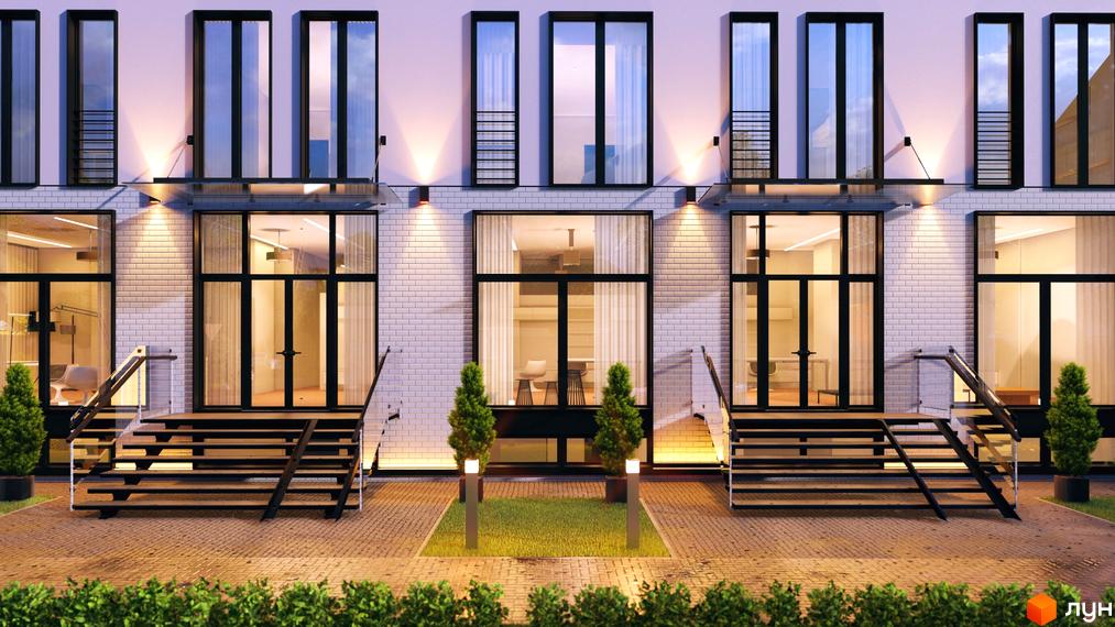 Клубний будинок A Nova House з цегляним фасадом, великими вікнами та сходами на прибудинкову територію з газоном та деревами.