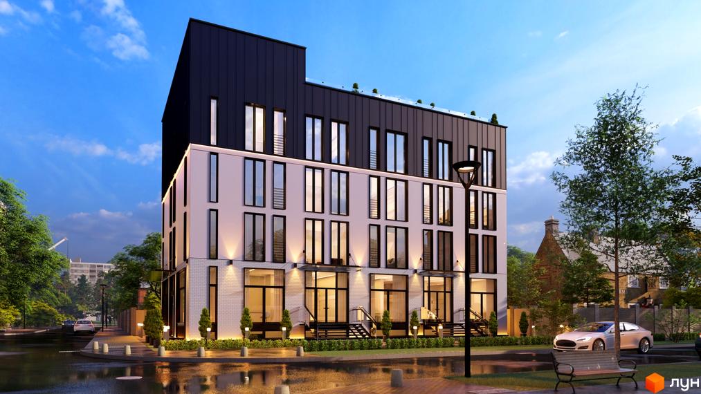 Клубний будинок A Nova House - це сучасна новобудова з великими вікнами та фасадом з білої цегли, розташована на фоні зелених дерев та блакитного неба.