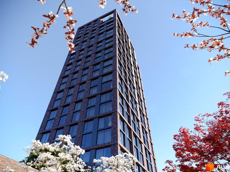 Висотна новобудова з цегляним фасадом на фоні блакитного неба, навколо квітучі дерева. ЖК MARSHALL - ваш новий дім.