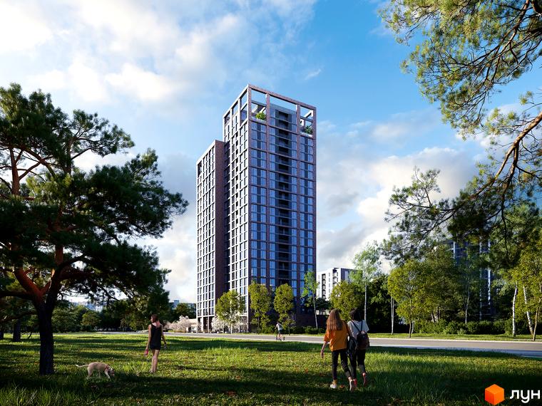 Високоповерховий житловий комплекс MARSHALL з цегляним фасадом та скляними вікнами, оточений зеленою зоною з деревами та людьми, що гуляють.