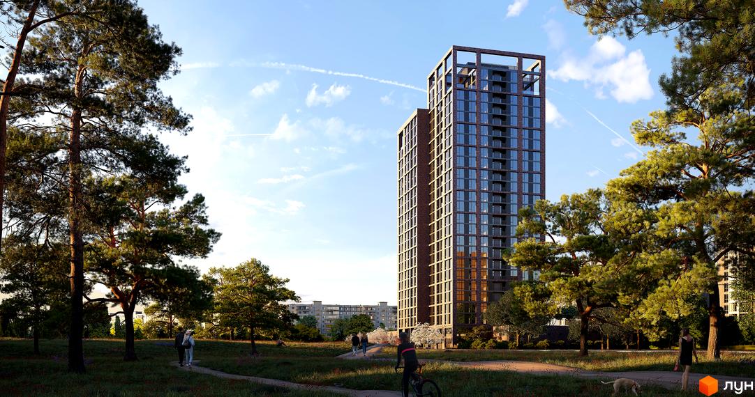 Висотна будівля ЖК MARSHALL з великими вікнами на тлі паркової зони з деревами та пішохідними доріжками.