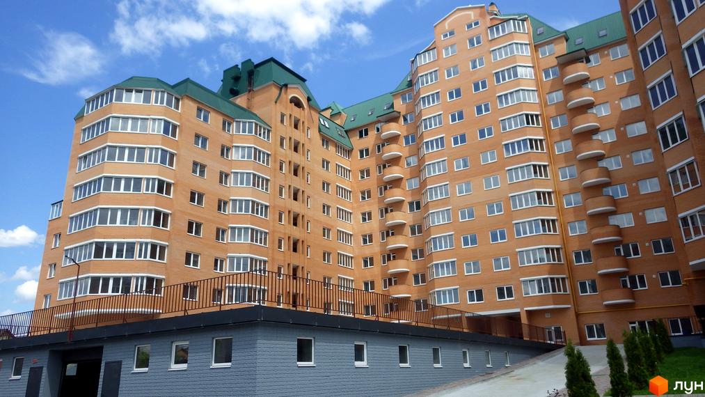 Житловий комплекс Набережний з цегляними фасадами та зеленими дахами. На передньому плані - територія з невеликими деревами та парканом.