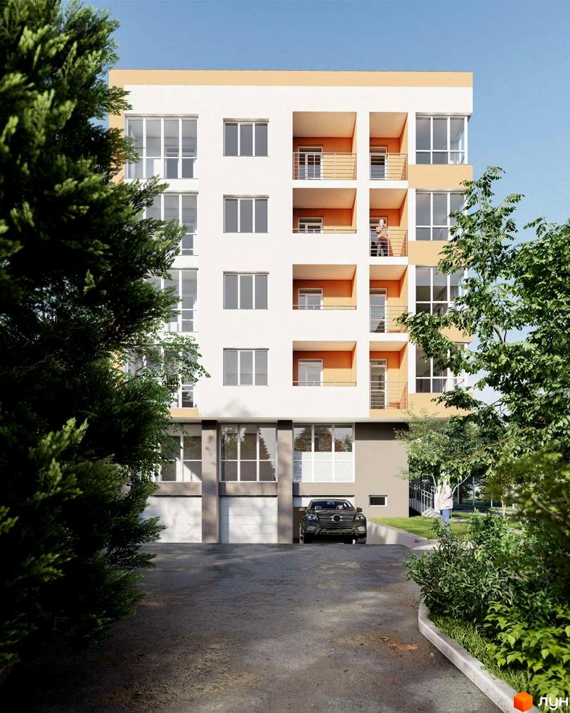Фасад житлового комплексу на вул. Баштанна, 6, з балконами та великими вікнами. Навколо будинку зелені насадження та під'їзд до гаражів з автомобілем.