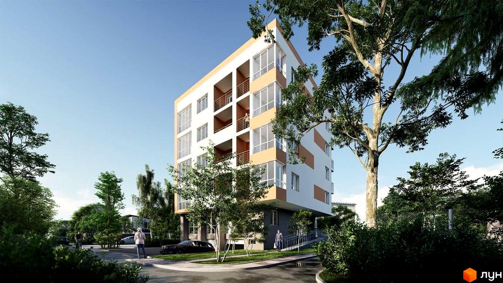 Новобудова на вул. Баштанна, 6 з балконами та панорамними вікнами, оточена деревами та з прибудинковою територією.