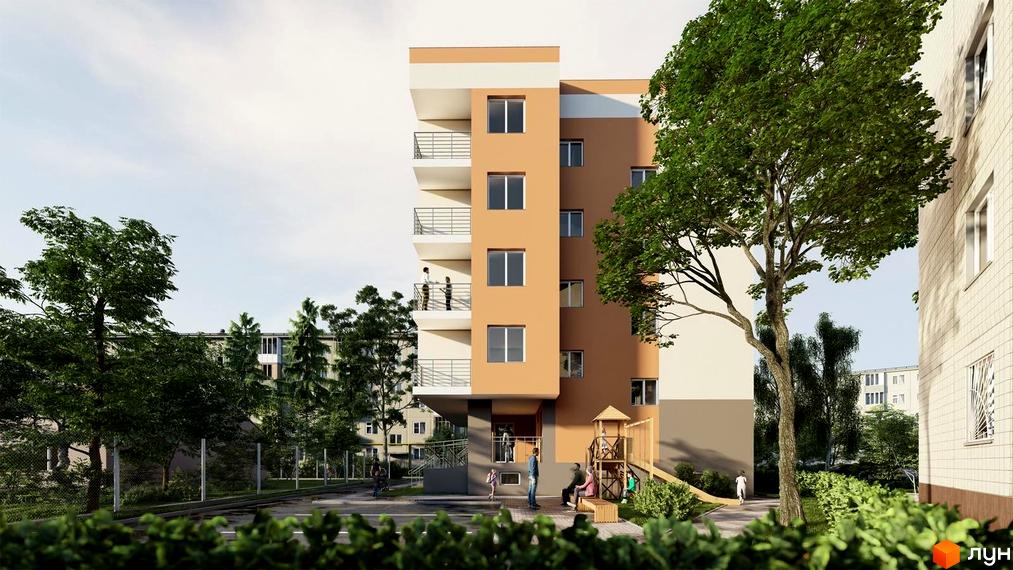 Зовнішній вигляд житлового комплексу на вул. Баштанна, 6, з балконами та вікнами, прибудинкова територія з деревами та дитячим майданчиком.