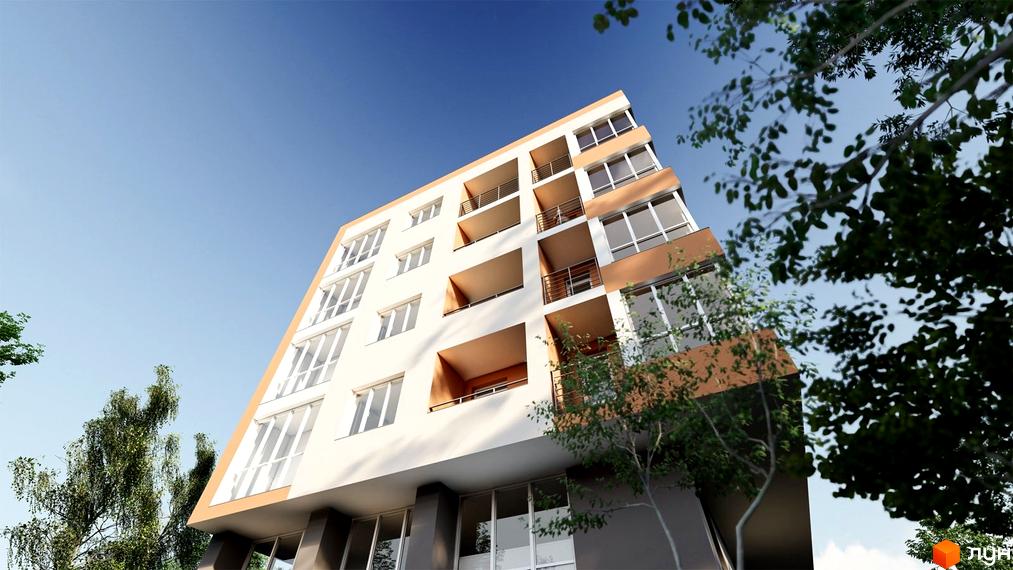 Зовнішній вигляд новобудови на вул. Баштанна, 6, з балконами та великими вікнами, оточеної деревами під яскравим небом.