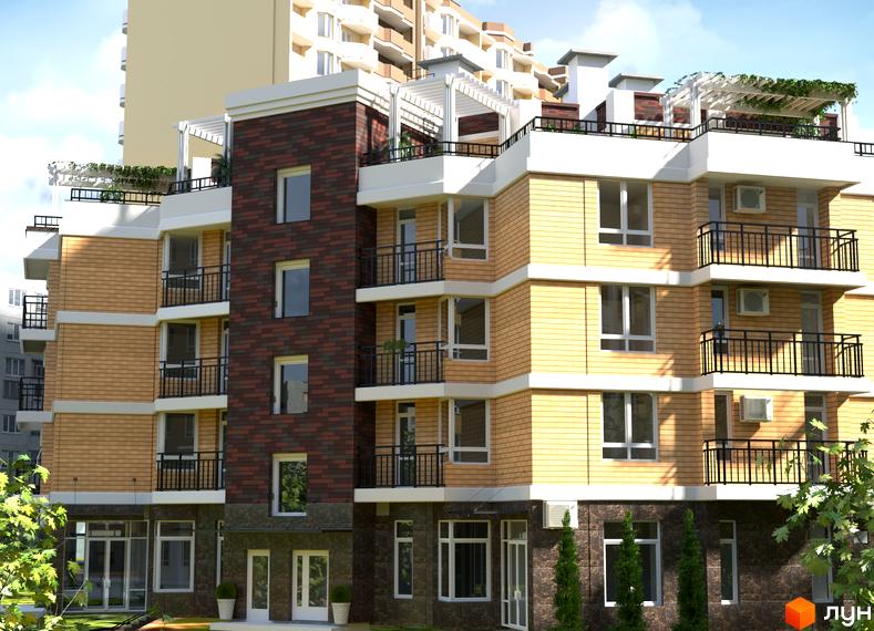 Зовнішній вигляд новобудови ЖК SunCity з цегляним та світлим фасадом, балконами та кондиціонерами. Навколо будинку зелені насадження та дерева.