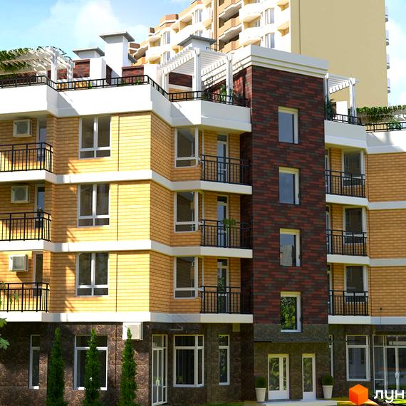 Зовнішній вигляд новобудови ЖК SunCity: багатоповерховий будинок з цегляним фасадом, балконами та кондиціонерами. Навколо будинку зелені насадження та дерева.