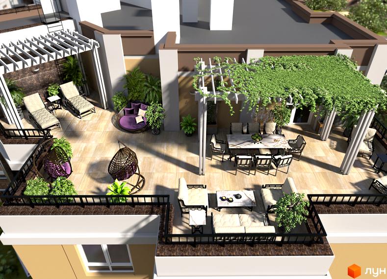 Житловий комплекс SunCity: простора тераса з зонами відпочинку, обідньою групою та зеленню. Сучасний дизайн фасаду та зручне планування.