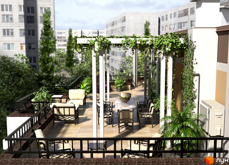 Житловий комплекс SunCity: простора тераса з меблями та зеленню на тлі багатоповерхових будинків. Відкритий простір для відпочинку та насолоди міським пейзажем.