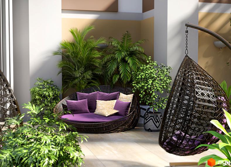 Житловий комплекс SunCity: затишна тераса з плетеними кріслами та диваном, оточена зеленню. Насолоджуйтесь відпочинком на свіжому повітрі.