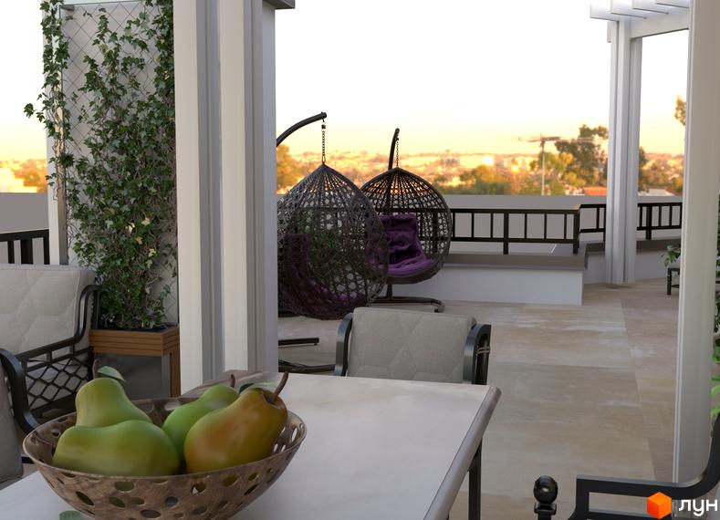 Житловий комплекс SunCity: затишна тераса з підвісними кріслами та видом на захід сонця. Ідеальне місце для відпочинку на свіжому повітрі.