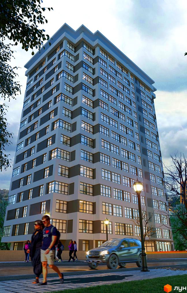 Житловий комплекс Куликовський: висотна новобудова з великою кількістю вікон та прибудинковою територією з пішохідною зоною та автомобілем.